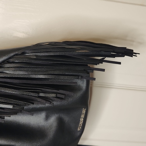 Victoria Secret Black Faux Leather Boho Fringe Backpack Shoulder Bucket Tote Bag - Picture 3 of 12